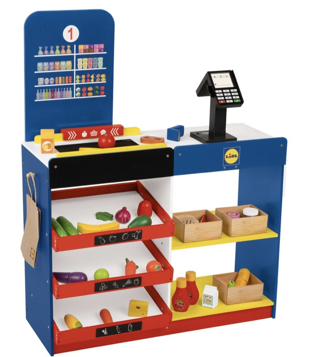 DREWNIANY SKLEP LIDL Z KASĄ I AKCESORIAMI DLA DZIECI PLAYTIVE