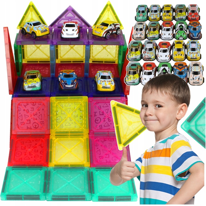 DUŻE Klocki Magnetyczne 3D Konstrukcyjne 20 Autek Zjeżdżalnia 68el Edukacja