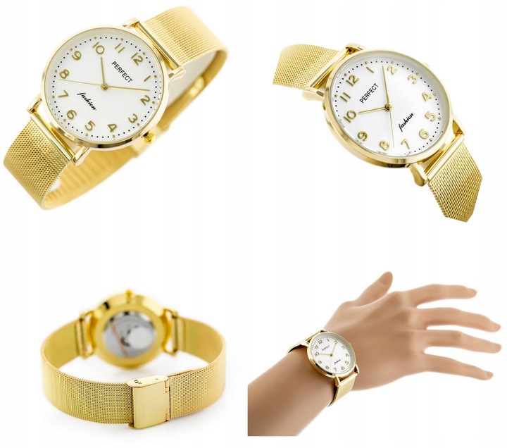 ZEGAREK DAMSKI PERFECT TINA +BOX +GRAWER cyfry bransoletka mesh złoty