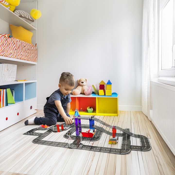 KLOCKI MAGNETYCZNE TOR SAMOCHODOWY DROGA ZNAKI DLA DZIECI PLAYMAGS 130 EL