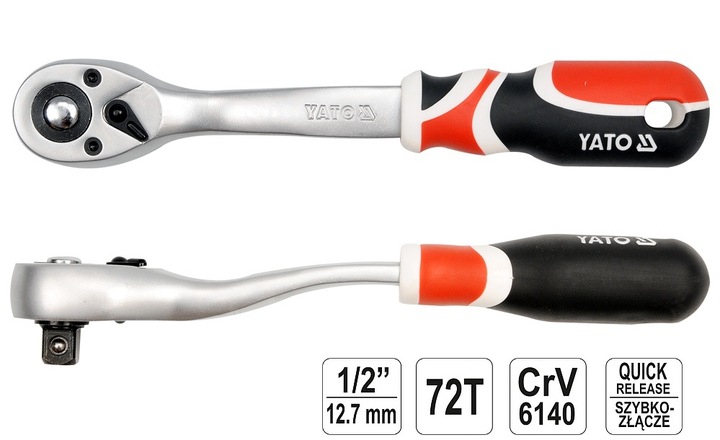 YATO ZESTAW GRZECHOTEK 3 SZTUKI 1/4" 3/8" 1/2" WYGIĘTA QUICK RELASE 72 ZĘBY