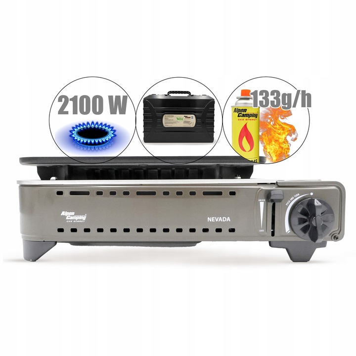 GRILL TURYSTYCZNY na KARTUSZ gazowy ALPEN CAMPING NEVADA + WALIZKA + 8x GAZ