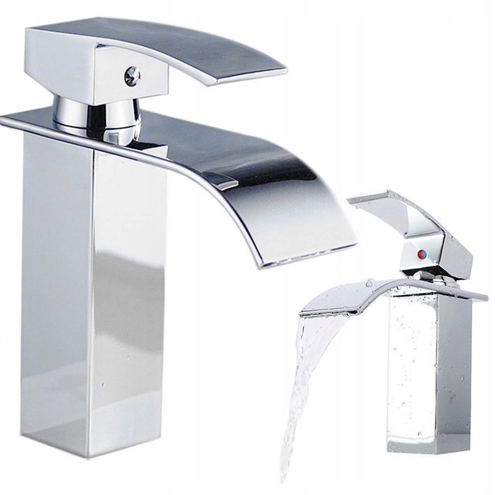 BATERIA UMYWALKOWA STOJĄCA WODOSPAD CUBIC ŁAZIENKOWA KRAN DO UMYWALKI CHROM