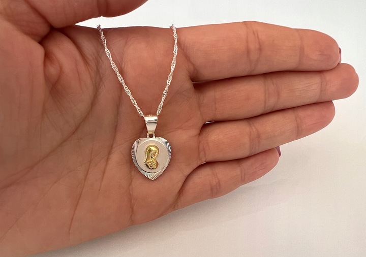 Zestaw Srebrny Łańcuszek i Medalik Serce Matka Boska Chrzest Komunia 45 cm