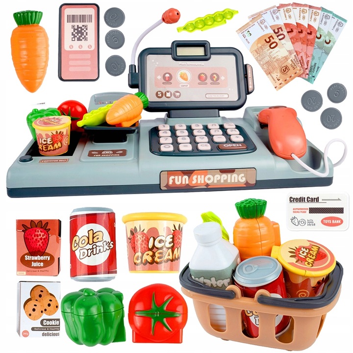 KASA FISKALNA ZABAWKA KASA SKLEPOWA INTERAKTYWNA ZAKUPY SKANER TAŚMA KOSZYK