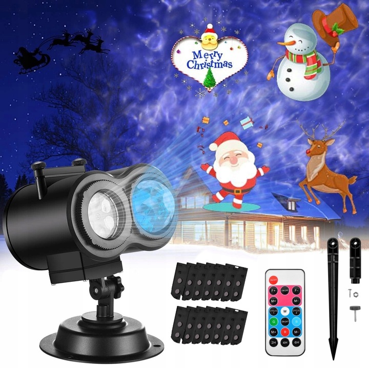 PROJEKTOR LED ŚWIĄTECZNY RZUTNIK LAMPKI NA DOM ŚNIEŻYNKI + PILOT 12 SLAJDÓW