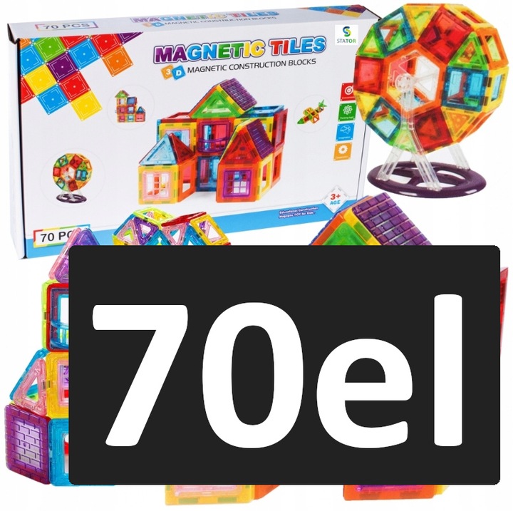 Klocki Magnetyczne DUŻE 3D Konstrukcyjne Magnetic Tiles Zestaw 70 elementów