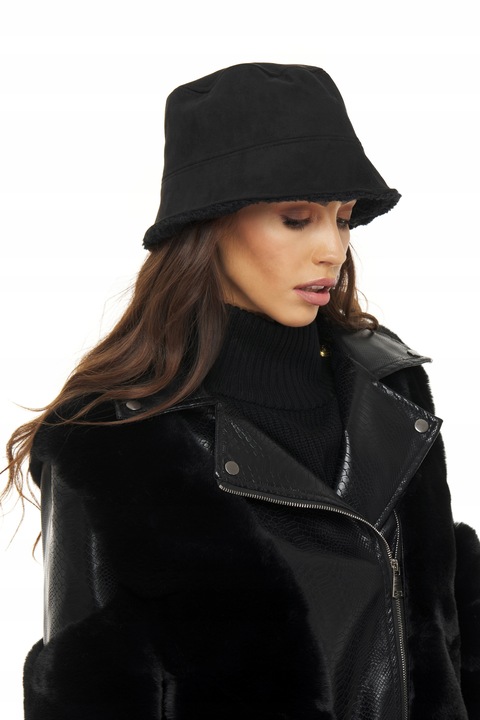 CZAPKA DAMSKA KAPELUSZ na zimę ciepła z futerkiem futro eko zamsz czarna