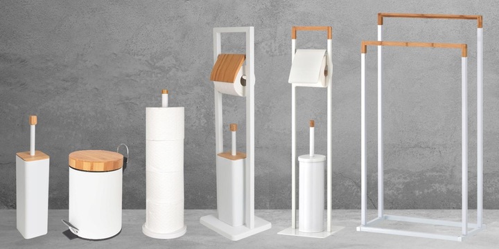 Stojak na papier toaletowy i szczotka DO ŁAZIENKI do WC biała bambus 2w1