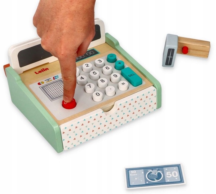 Drewniana kasa fiskalna ze skanerem Do przedszkola Do sklepu Dla dziecka