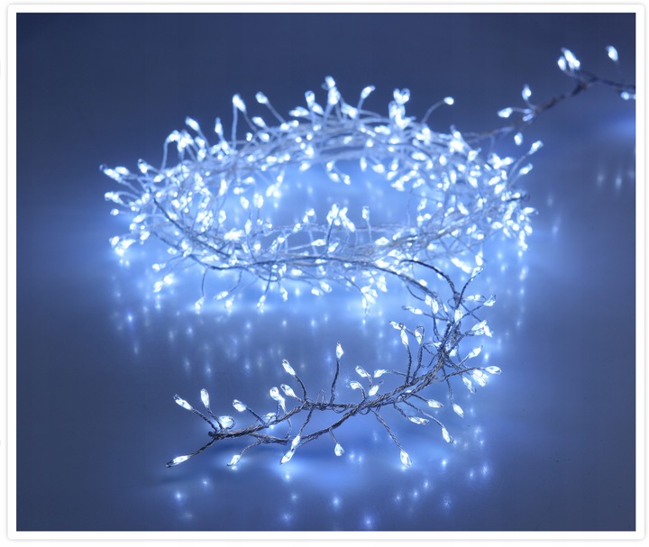 Lampki 480 LED 4,8 metra CLUSTER RYŻ ZIMNY BIAŁY SREBRNY DRUCIK