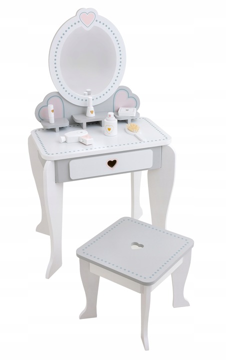 Drewniana toaletka dla dziewczynki z krzesełkiem lustro akcesoria szuflada