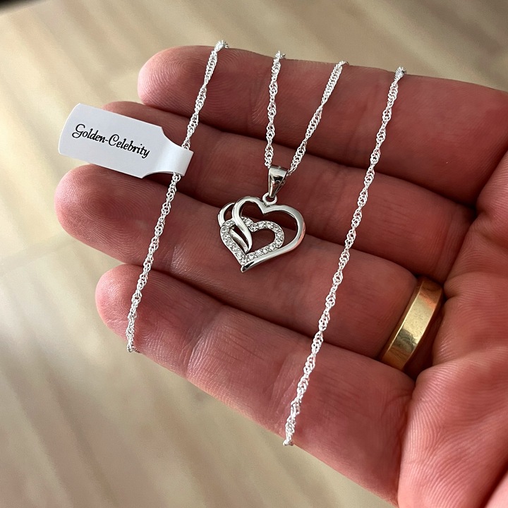 SREBRNY ŁAŃCUSZEK Z PODWÓJNYM SERDUSZKIEM Z CYRKONIAMII DŁUGI / SREBRO 925