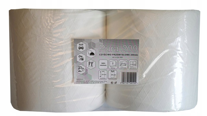 CZYŚCIWO przemysłowe PURA, RĘCZNIK PAPIEROWY biały, 100% celuloza, 2x200m