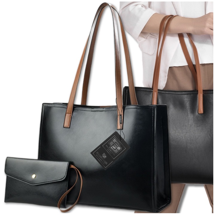 Torebka Shopper Damska CZARNA Torba Na Ramię Duża A4 SKÓRZANA Shopperka