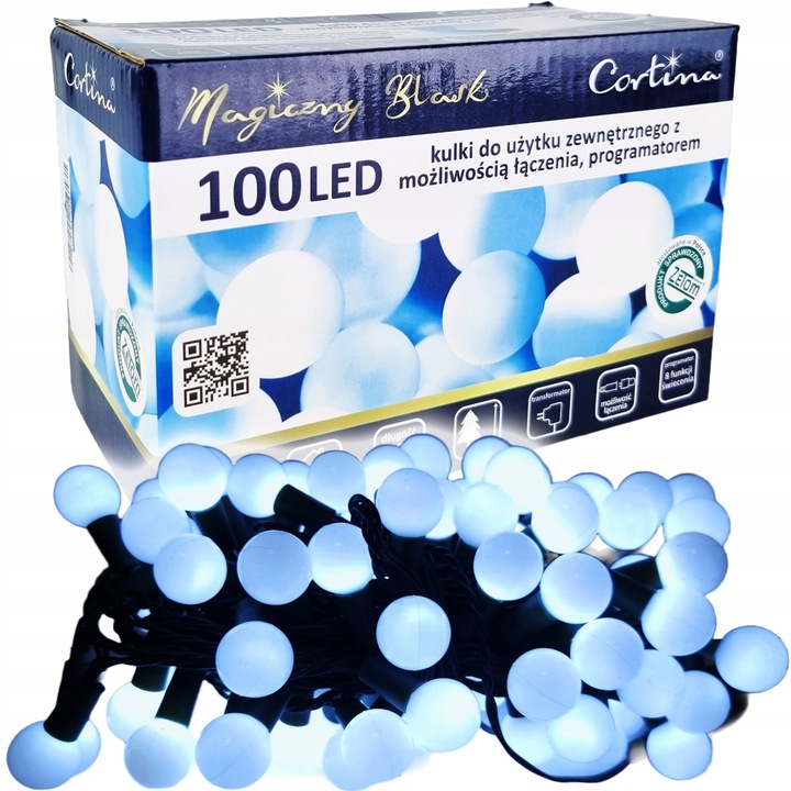 LAMPKI CHOINKOWE KULKI 100 LED ZIMNA BIEL 8 FUNKCJI IP44 NA CHOINKĘ CHOINKA