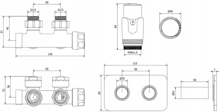 MEXEN G00 ZESTAW TERMOSTATYCZNY KĄTOWY Z MASKOWNICĄ S DUPLEX DN50 CZARNY