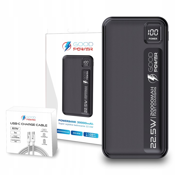 POWERBANK 20000mAh 22,5W DUŻA POJEMNOŚĆ + KABEL USB-C 60W GOODPOWER
