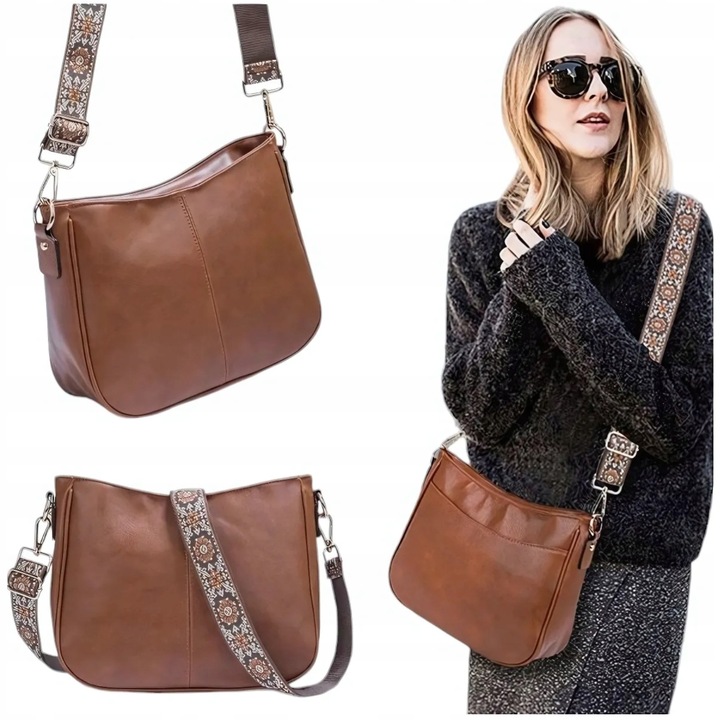 TOREBKA DAMSKA TORBA NA RAMIĘ SKÓRZANA MIEJSKA POJEMNA BRĄZOWA LISTONOSZKA