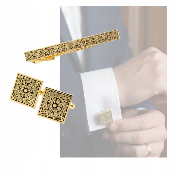 ZESTAW SPINKI DO MANKIETÓW I KRAWATU ZŁOTE NOWOCZESNE PREZENT DLA NIEGO