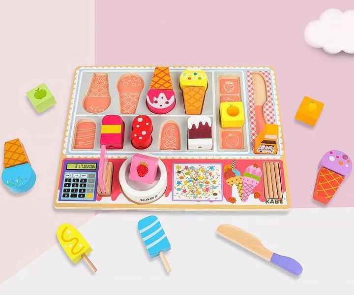 DREWNIANA LODZIARNIA SKLEP STOISKO Z LODAMI GAŁKI LODY NA PATYKU DLA DZIECI