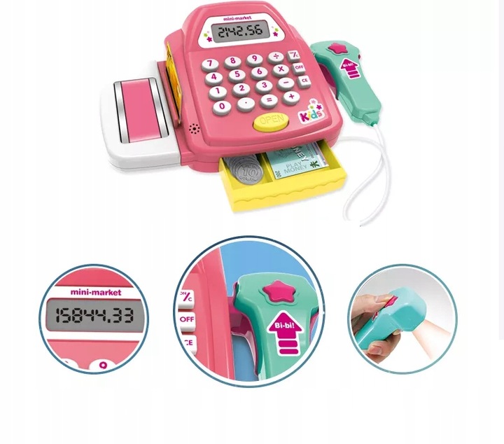 KASA SKLEPOWA FISKALNA SKANER DŹWIĘK KALKULATOR MONETY PIENIĄDZE AKCESORIA