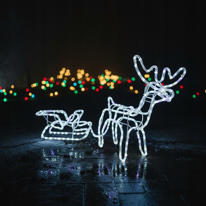 Renifer z Saniami LED Świecący Świąteczny Na Zewnątrz Do Ogrodu Biały Zimny