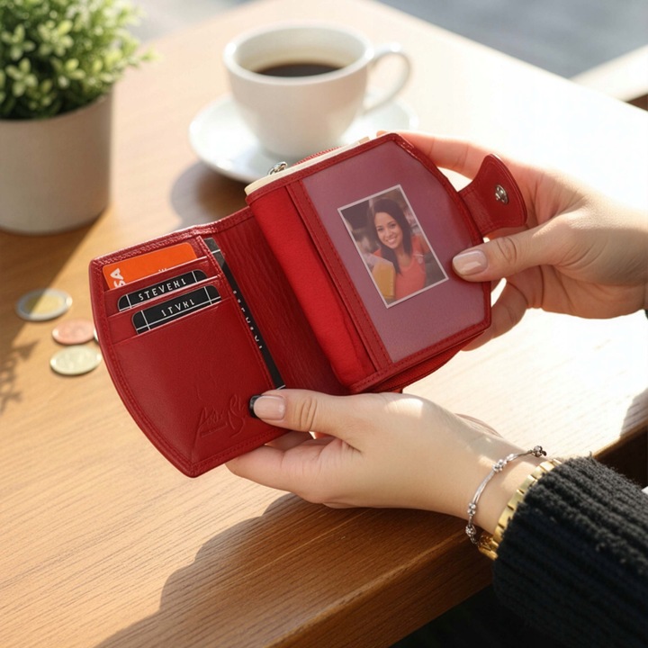 Portfel Damski Skórzany STEVENS Mały Czerwony Zapinany Portmonetka RFID