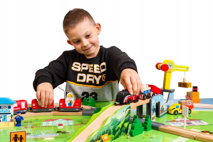 OGROMNA DREWNIANA KOLEJKA ELEKTRYCZNA 2x POCIĄG na baterie TOR MIASTO DŹWIG