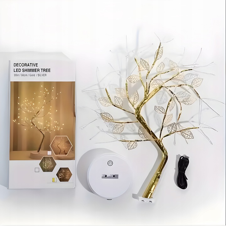 DRZEWKO LAMPKA BONSAI LED 50 CM ZŁOTE LISTKI LIŚCIE CHOINKA ŚWIECĄCE USB
