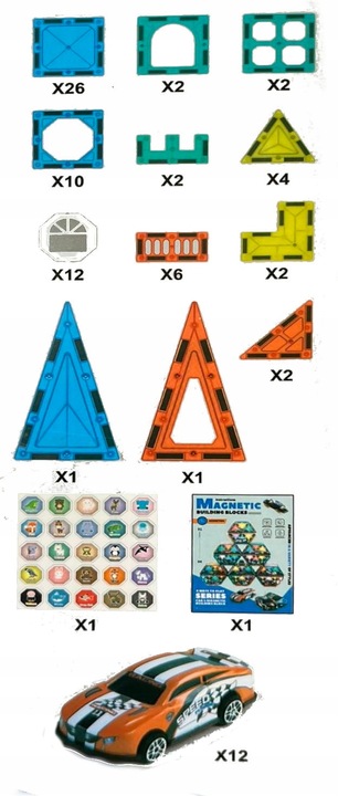 Klocki magnetyczne konstrukcyjne ZESTAW XXL 82 el. tor samochodowy 12 AUT