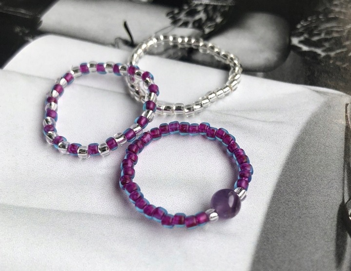 AMETYST PIERŚCIONKI Z KORALIKÓW ZESTAW 3 SZTUKI KORALIKI SREBRNE