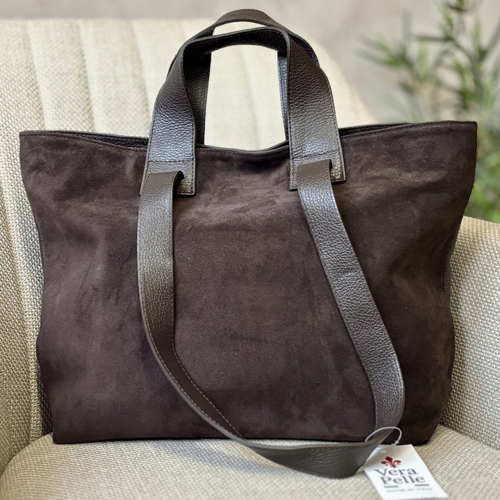 Torebka Włoska CZEKOLADOWA dwustronna SKÓRA ZAMSZ NATURALNY Vera Pelle