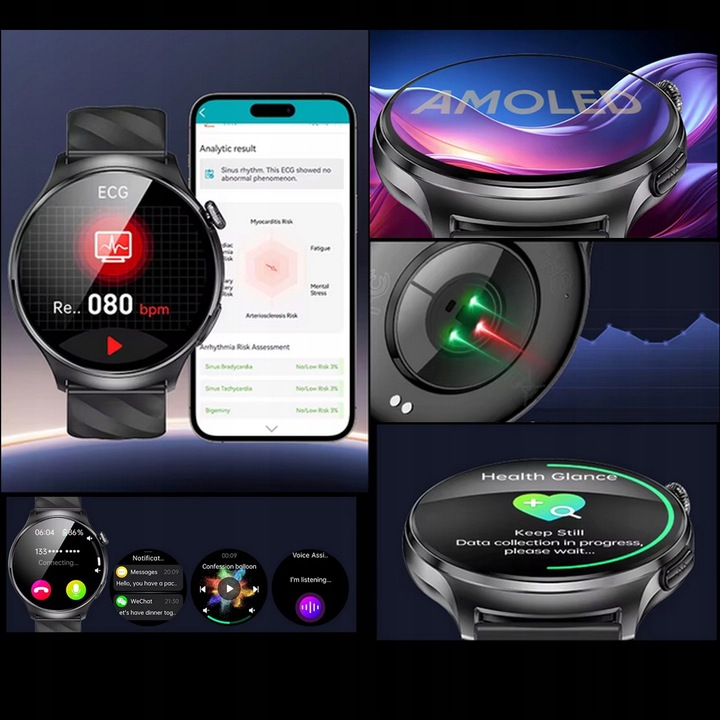 Smartwatch z Pomiarem Glukozy, EKG, HRV, Temperatura, 2 Paski w Zestawie