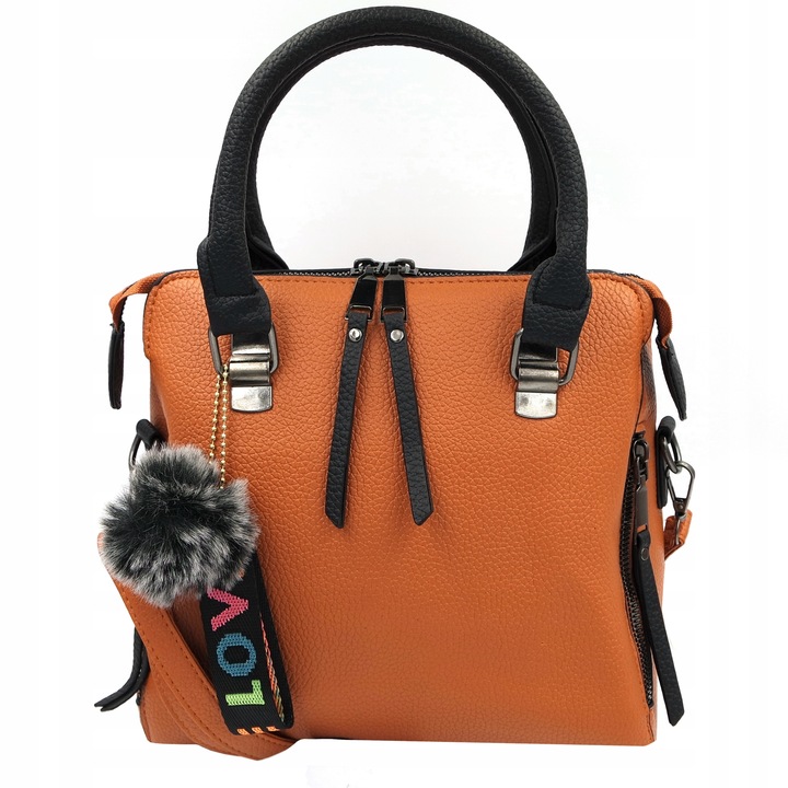 Torebka Brązowa Kuferek Damska Brelok Pompon Do Ręki na Ramię