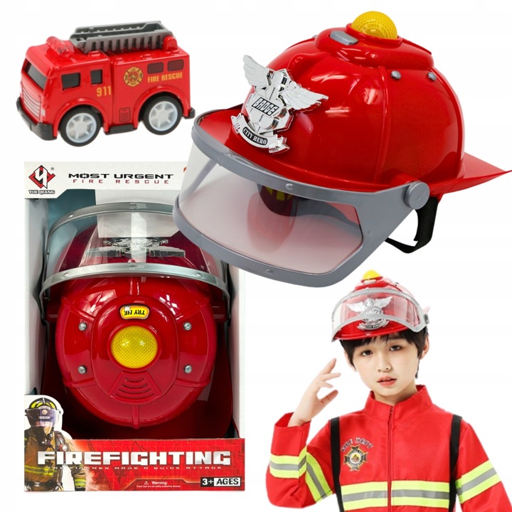 KASK STRAŻACKI Z DŹWIĘKAMI ŚWIATŁEM HEŁM STRAŻAKA DZIECI SYGNAŁ + AUTKO