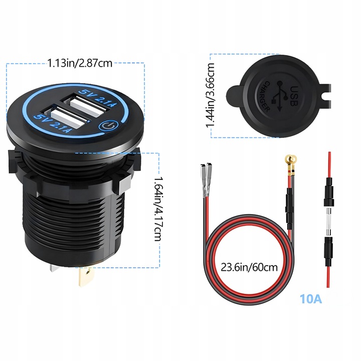 PODWÓJNA ŁADOWARKA SAMOCHODOWA GNIAZDO ZAPALNICZKI MONTAŻOWE 2x USB 5V 2.1A