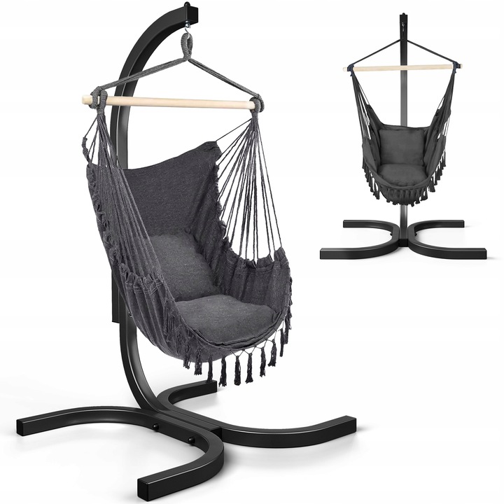 KOKON KRZESŁO BRAZYLIJSKIE WISZĄCE BOHO CZARNY ZE STELAŻEM BUJANY HUŚTAWKA