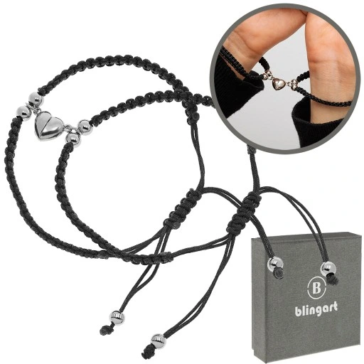 Bransoletki z MAGNESEM dla par sznurkowe SERCE WALENTYNKI czarne regulowane