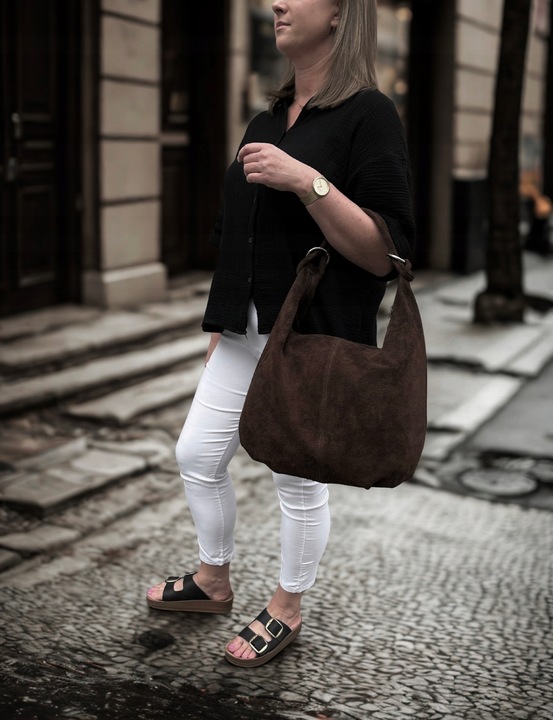 CZEKOLADOWA ZAMSZOWA TOREBKA WOREK CIEMNY BRĄZ TOREBKA ZAMSZ NATURALNY