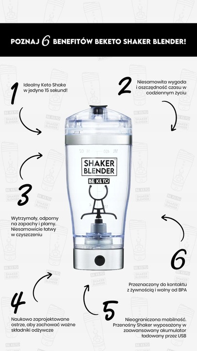 BeKeto Shaker Blender Mikser Elektryczny do Shake