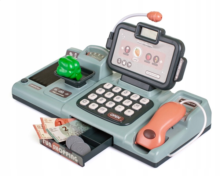 KASA FISKALNA Dla dzieci ZABAWKOWA zestaw SKANER WAGA TELEFON KOSZ ZAKUPY