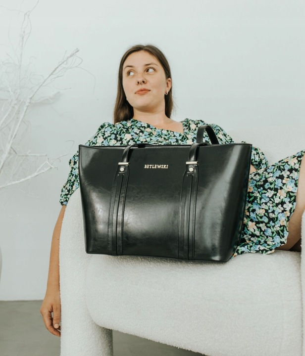 BETLEWSKI duża torebka Damska do ręki i ramię czarna pojemna suwak a4