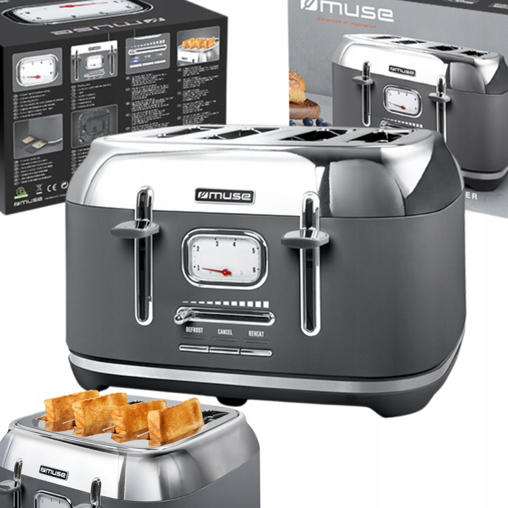 TOSTER OPIEKACZ RETRO DUŻA MOC 1800W NA 4 TOSTY SZARY/SREBRNY MUSE MS-131DG