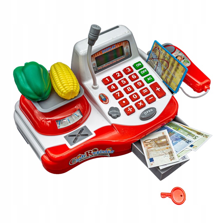 SUPERMARKET SKLEP Kasa Fiskalna Produkty Skaner Koszyk Mikrofon Waga Monety