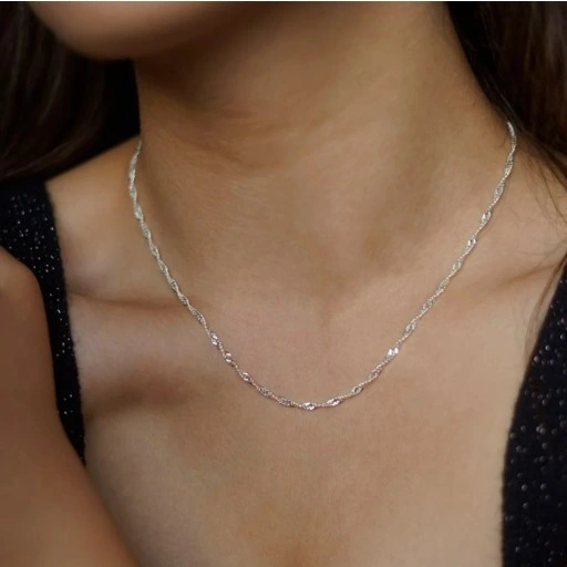 DAMSKI SREBRNY NASZYJNIK ŁAŃCUSZEK SINGAPUR DELIKATNY LŚNIĄCY 925 PREZENT
