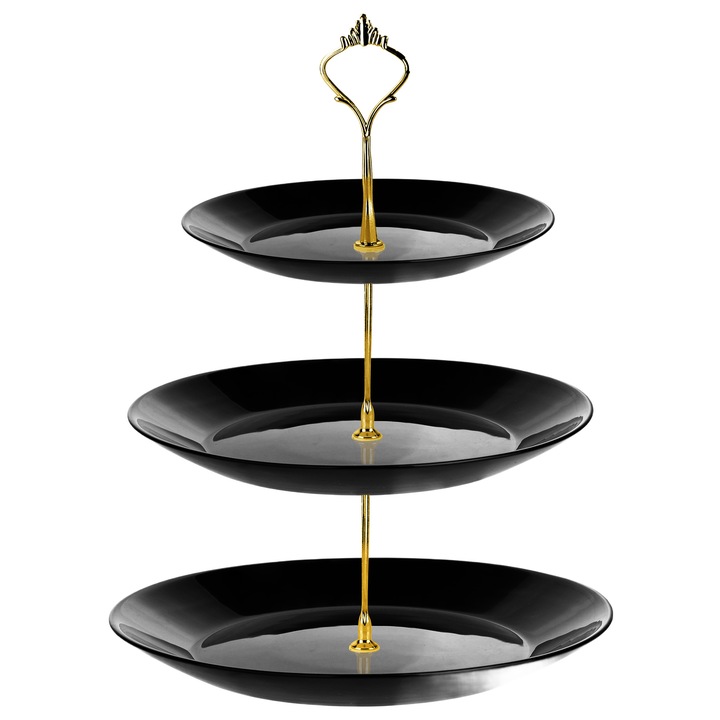 PATERA TRZYPOZIOMOWA PIĘTROWA STOJAK ciasto owoce CZARNE SZKŁO ZŁOTY UCHWYT