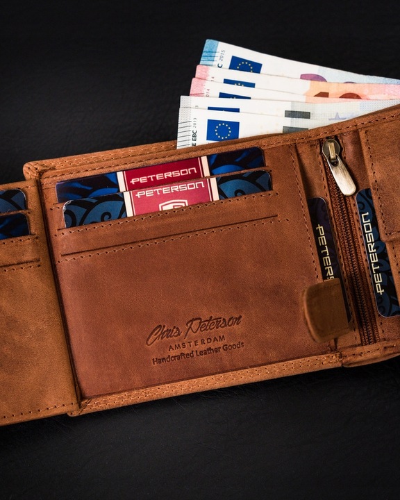 Portfel skórzany męski RFID pojemny na prezent brązowy nubukowy Peterson