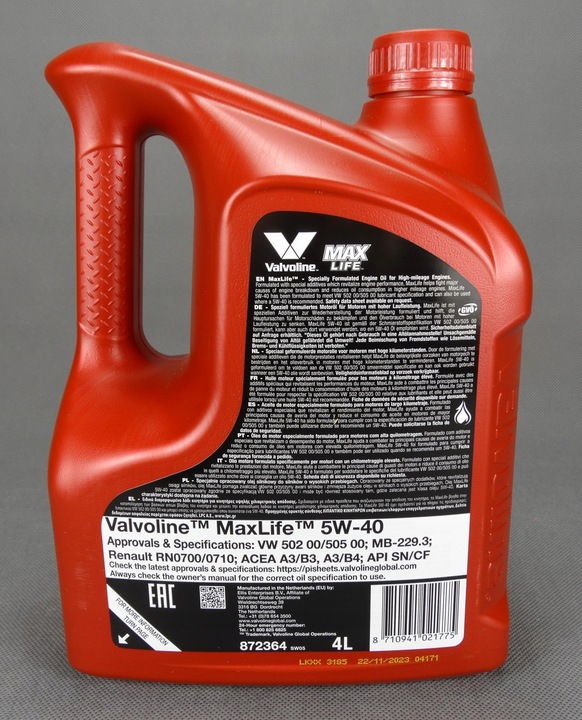VALVOLINE MAXLIFE SYNTHETIC 5W40 SN/CF A3/B4 SYNTETYCZNY 4L