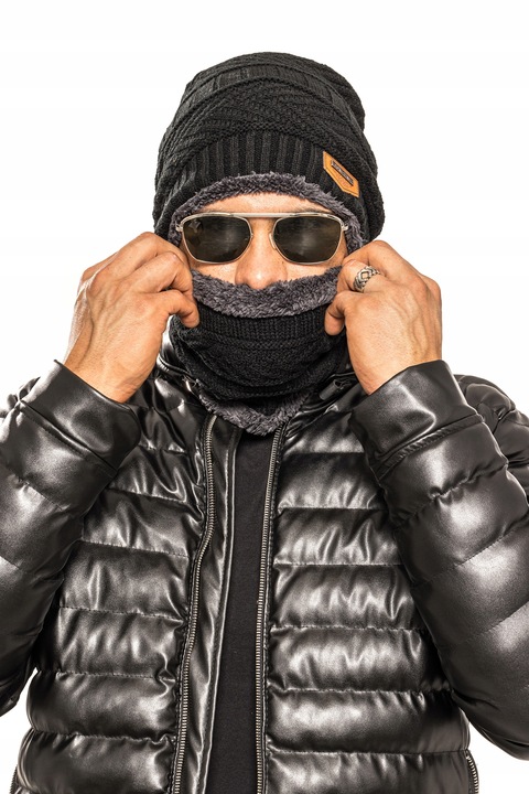 CZAPKA + KOMIN KOMPLET MĘSKI Z FUTERKIEM - CZARNY